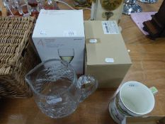 HEAVY CUT GLASS LARGE WATER JUG; BOX OF 4 JOHN LEWIS 'MICHANGELO' STEM WINE GLASSES 235ml AND A