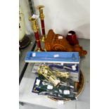 MIXED LOT, COMPRISING BOXED OR CASED DRAWING INSTRUMENTS, PAIR OF RED AND BRASS CANDLESTICKS WITH