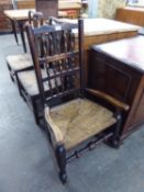 NINETEENTH CENTURY ELM LANCASHIRE SPINDLE BACK ROCKING ARMCHAIR WITH RUSH SEAT