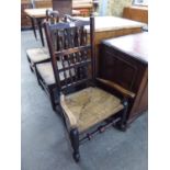 NINETEENTH CENTURY ELM LANCASHIRE SPINDLE BACK ROCKING ARMCHAIR WITH RUSH SEAT