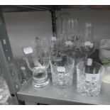 A PLAIN GLASS DECANTER AND MISCELLANEOUS WINE GLASSES AND TUMBLERS