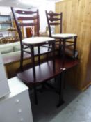 A MAHOGANY SUTHERLAND STYLE SMALL GATE LEG DINING TABLE AND A PAIR OF LADDER BACK DINING CHAIRS WITH