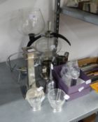 A CONA COFFEE MAKER D-GENIUS ALL GLASS, TWO COFFEE CANS, A LARGE CHROME CANDLESTICK AND A PAIR OF