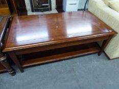 A LARGE OBLONG CHERRY WOOD COFFEE TABLE WITH UNDER TIER, WITH TWO END DRAWERS, RAISED ON STRAIGHT