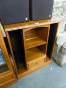 STAG TEAK CD DUAL STORAGE RACKS, WITH CENTRE OPEN COMPARTMENT, WITH SHELF AND SMALL DRAWER BELOW, ON