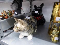 ALMOST LIFE-SIZE POTTERY MODEL OF A TABBY CAT; A LARGE POTTERY MODEL OF A BLACK SCOTCH TERRIER,