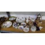 QUANTITY OF CERAMICS TO INCLUDE; VARIOUS WALL PLAQUES, ROYAL CROWN DERBY DISH, TRINKET BOXES,