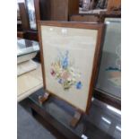 FLORAL EMBROIDERED SILK PANEL FIRE SCREEN, IN AN OAK FRAME