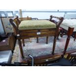 AN EDWARDIAN PIANO STOOL WITH LIFT-UP SEAT, RAISED ON TURNED SUPPORTS AND A SMALL SELECTION OF SHEET