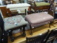 THREE VARIOUS FOOTSTOOLS WITH FABRIC SEATS, A WOODEN THREE TIER CORNER SHELVING UNIT AND A CHINESE