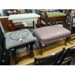 THREE VARIOUS FOOTSTOOLS WITH FABRIC SEATS, A WOODEN THREE TIER CORNER SHELVING UNIT AND A CHINESE