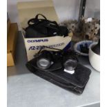 OLYMPUS ZOOM 35MM ROLL FILM CAMERA, IN CASE AND A PAIR OF SPECTACLE BINOCULARS (2)