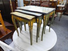 NEST OF THREE GREEN STAINED AND FLORAL MARQUETRY INLAID COFFEE TABLES, ON SEMI-CABRIOLE SUPPORTS