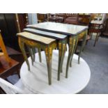 NEST OF THREE GREEN STAINED AND FLORAL MARQUETRY INLAID COFFEE TABLES, ON SEMI-CABRIOLE SUPPORTS