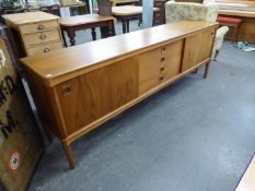 BRAMIN 1960'S DANISH TEAK LONG, LOW SIDEBOARD WITH THREE CENTRE DRAWERS, END CUPBOARDS WITH
