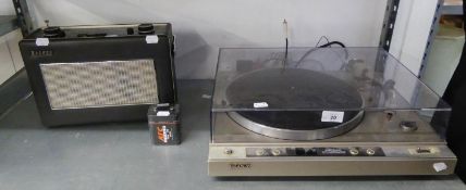 A RECORD TURNTABLE AND A HACKER SOVEREIGN LARGE VINTAGE PORTABLE RADIO (2)