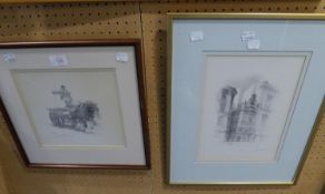 GELDART SIGNED PRINT OF A PENCIL DRAWING  HORSE AND CART  NO. 441/750  AND A PRINT OF MANCHESTER