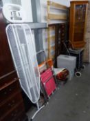 SMALL SET OF STEPS, IRONING BOARD, CLOTHES AIRER, PUSH-ALONG TROLLEY, 2 METAL FILE BOXES AND A