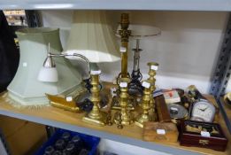 TWO PAIRS OF BRASS CANDLESTICKS, A BRASS COLUMN LAMP AND SHADE AND THREE OTHER LAMPS ETC...