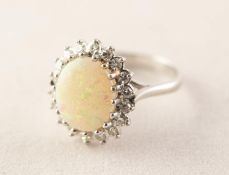 18ct WHITE GOLD RING set with an opal within a surround of eighteen tiny diamonds, 5.3gms gross,