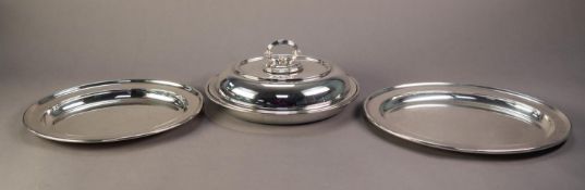 OVAL ENTRÉE DISH AND COVER with top handle, together with a GRADUATED PAIR OF OVAL SERVING