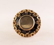 VICTORIAN GOLD AND BLACK ENAMELLED CIRCULAR BROOCH with glazed hair locket to the front, the b