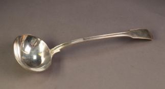 VICTORIAN SILVER FIDDLE AND THREAD PATTERN SOUP LADLE BY CHARLES BOYTON, initialled, 13? (33cm)