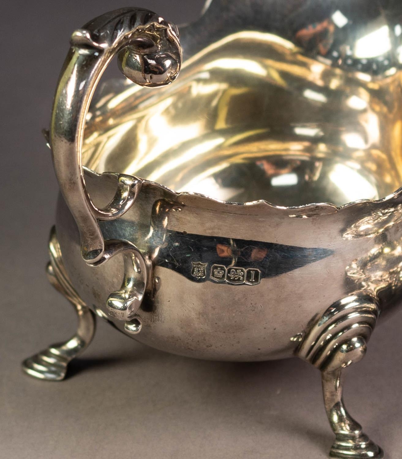 PRE-WAR SILVER SAUCE BOAT with cut rim, leaf capped flying scroll handle and three pad feet, - Image 2 of 3