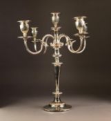 ELECTROPLATED FIVE LIGHT, FOUR BRANCH CANDELABRUM, the removable top section with reeded twin C scr