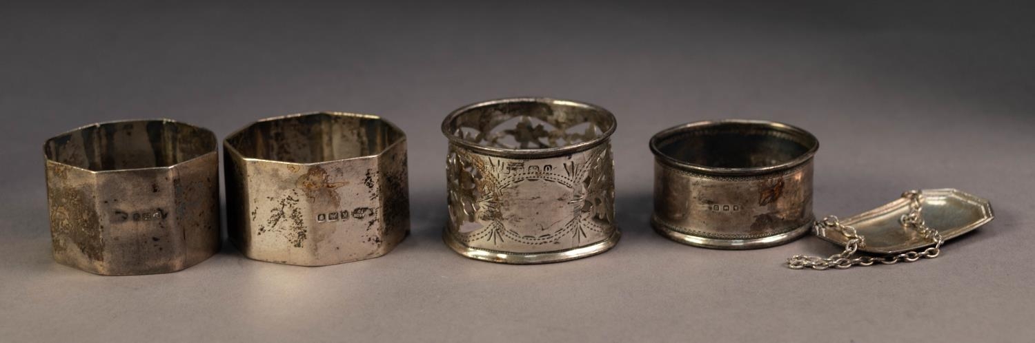 PAIR OF SILVER OCTAGONAL NAPKIN RINGS, London 1945,  TWO OTHER SILVER NAPKIN RINGS and a SILVER ' - Image 2 of 2