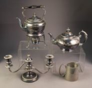 MIXED LOT OF ELECTROPLATE, comprising: SPIRIT KETTLE ON STAND WITH BURNER, BULBOUS AND ENGRAVED
