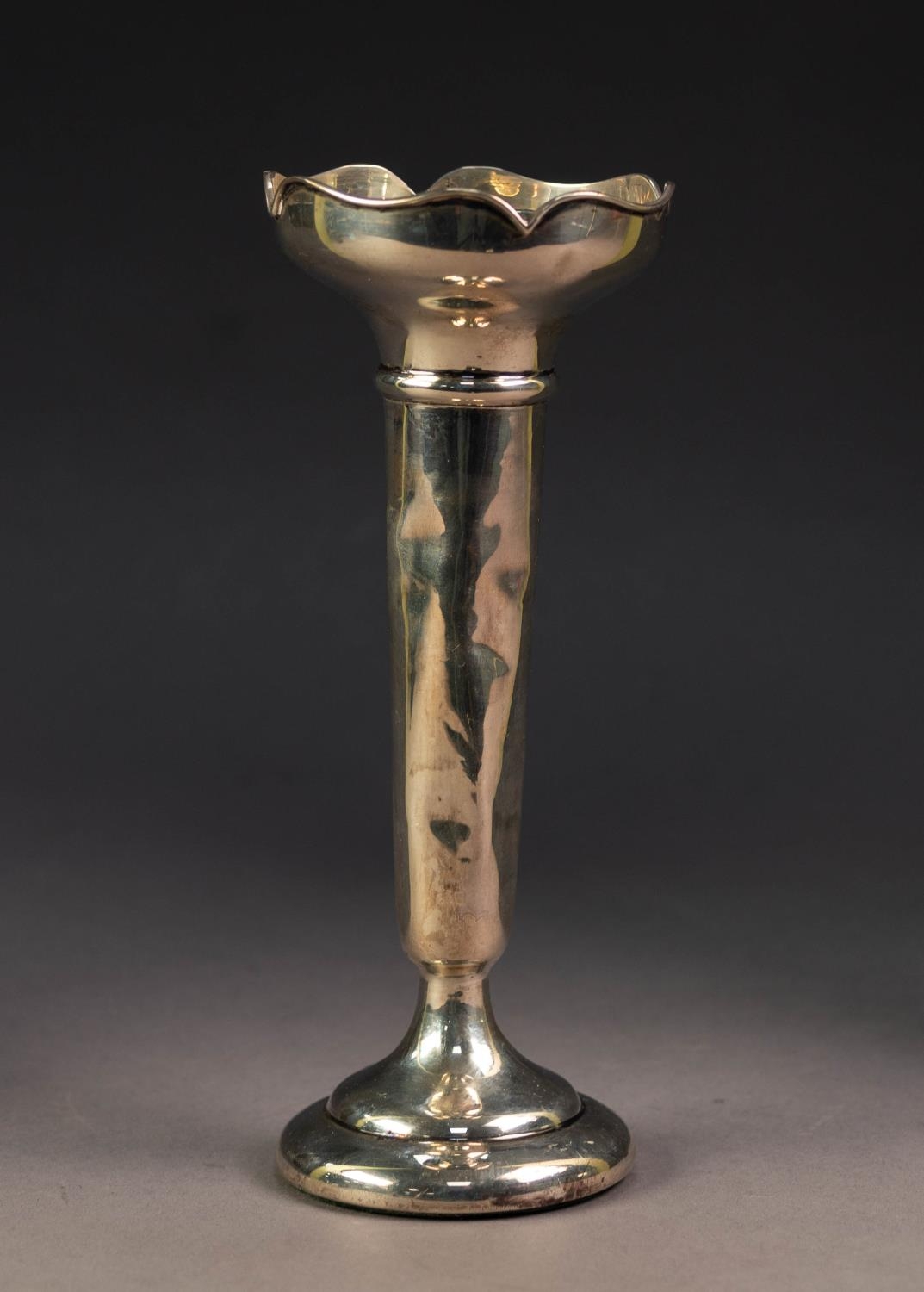 SILVER TRUMPET FLOWER VASE, the cup shaped top with petal shaped border, on circular socle and domed - Image 2 of 3
