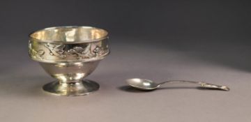 GEORGE V ARTS AND CRAFTS EMBOSSED AND PLANISHED SILVER PEDESTAL CHILD?S BOWL AND SPOON BY A.E.