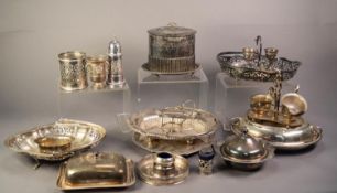 MIXED LOT OF ELECTROPLATE, to include: OVAL BISCUIT BARREL AND COVER WITH INTEGRAL STAND, BUTTER