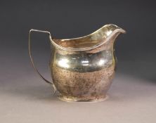 GEORGE III SILVER CREAM JUG BY JOHN MEWBURN, of oval, bellied form with reeded border and angular