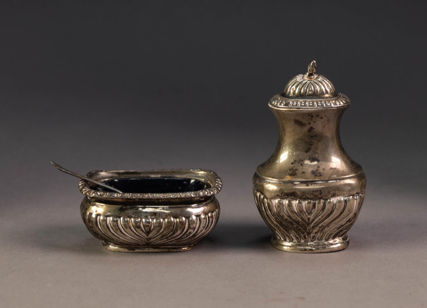 GEORGIAN STYLE SILVER SALT RECEIVER, of bulbous oval form with bead and bar border and spirally