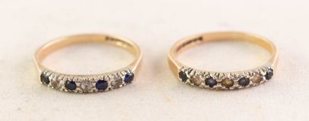 TWO 9ct GOLD BAND RINGS, each set with a half hoop of tiny blue and white stones, 3.7gms, ring