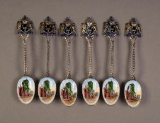 EDWARD VII SET OF SIX SILVER AND ENAMELLED ?OLD CANONBURY TOWER? SOUVENIR TEASPOONS, each with