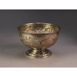 EDWARD VII ART NOUVEAU SILVER PEDESTAL ROSE BOWL, repousse with foliate scroll panels and vacant