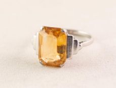 9ct WHITE GOLD ART DECO DRESS RING WITH A RECTANGULAR CITRINE in a four claw setting and with