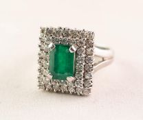 18ct WHITE GOLD, EMERALD AND DIAMOND RECTANGULAR CLUSTER RING, set with an oblong raised centre