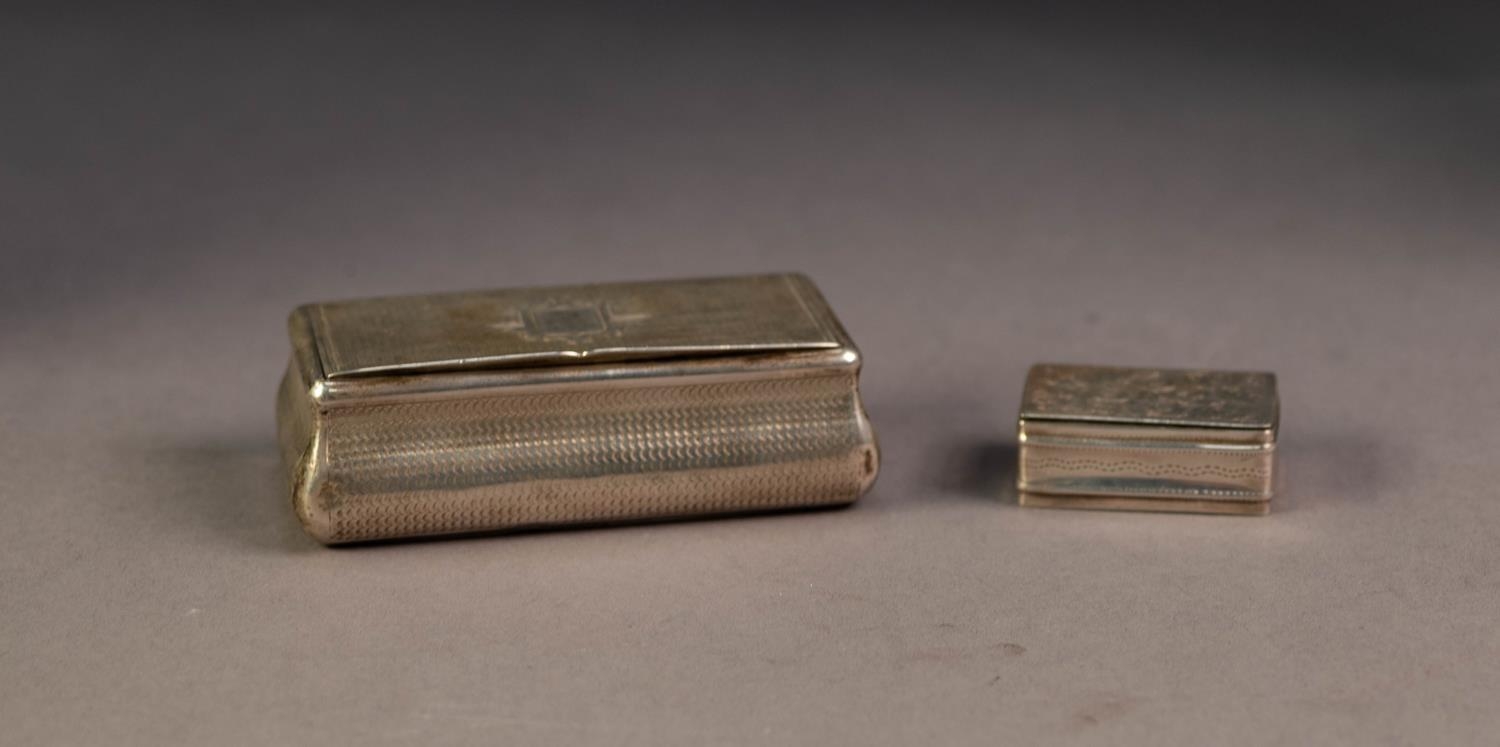 NINETEENTH CENTURY CONTINENTAL ENGINE TURNED SILVER COLOURED METAL SNUFF BOX, of rectangular bombe