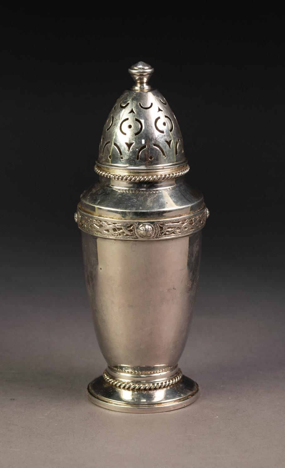 PRE-WAR SILVER SUGAR CASTOR with removable pierced cover, Nordic and rope twist borders, by