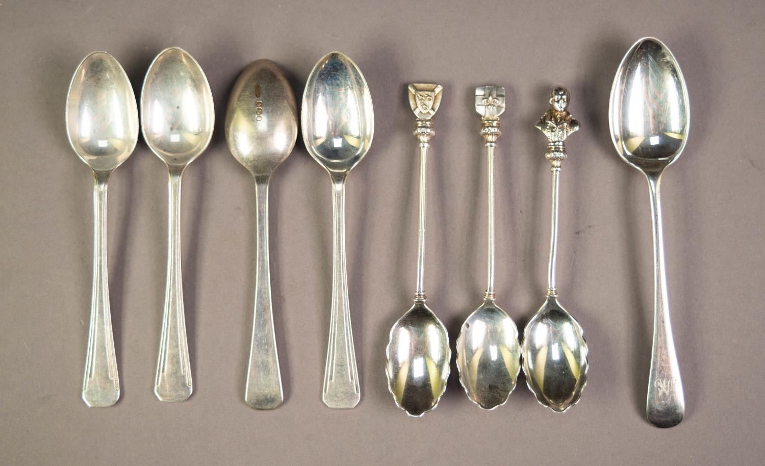 SET OF THREE VICTORIAN SILVER SOUVENIR TEASPOONS, two with crest tops and the other with a bust,