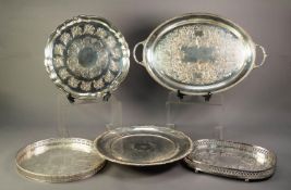 ELECTROPLATED TWO HANDLED TRAY, with foliate scroll chased centre, gadrooned border and conforming