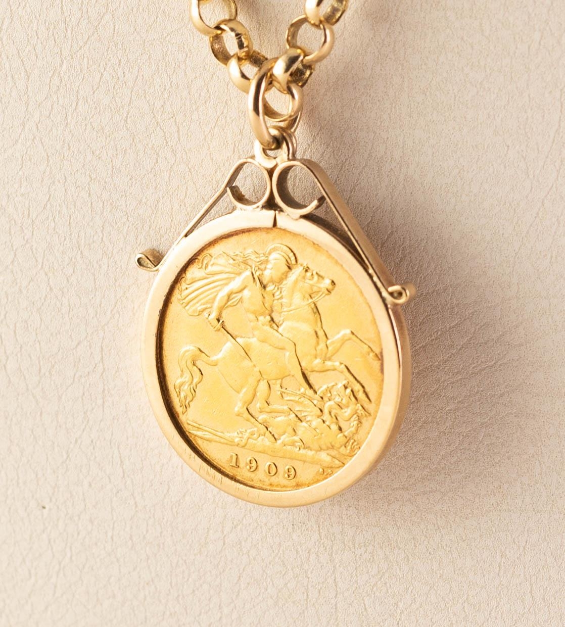 9ct GOLD CHAIN NECKLACE suspending a loose mounted Edward VII (1909) HALF SOVEREIGN, gross weight - Image 2 of 3