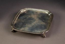 GEORGE VI PLAIN SILVER SQUARE SMALL SALVER BY EDWARD VINER, with moulded border and scroll feet,
