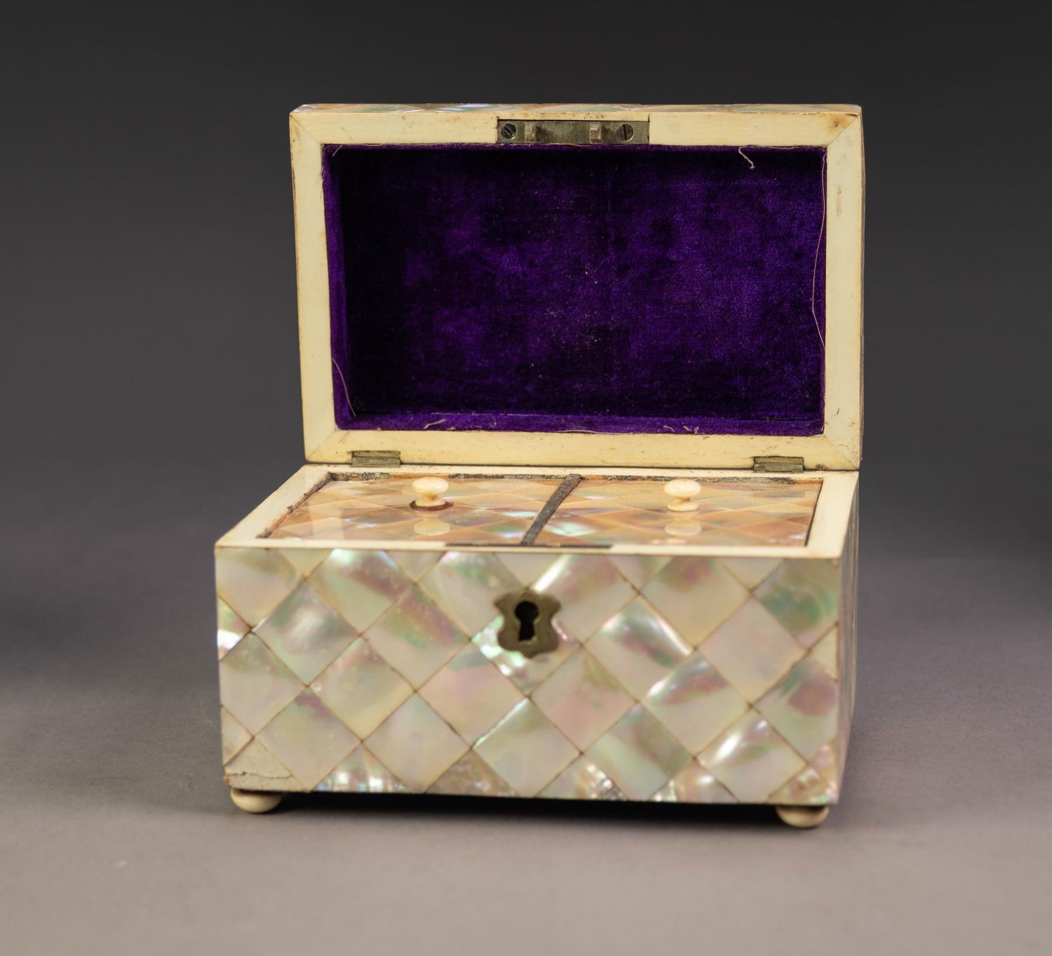 NINETEENTH CENTURY MOTHER OF PEARL CLAD SMALL TEA CADDY, of oblong form with chamfered lid, turned - Image 2 of 3