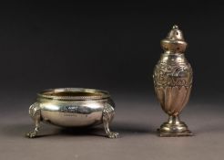 VICTORIAN SILVER CIRCULAR OPEN SALT, with bead edge and three scroll supports with paw feet, 2 5/8in