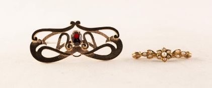 9ct GOLD GARNET SET OPENWORK ART NOUVEAU INSPIRED BROOCH, a unmarked GOLD COLOURED METAL SAFETY